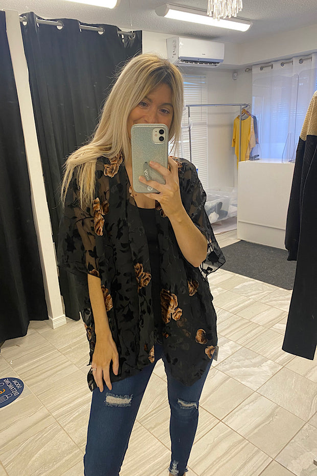 Black Floral Velvet Mix Kimono