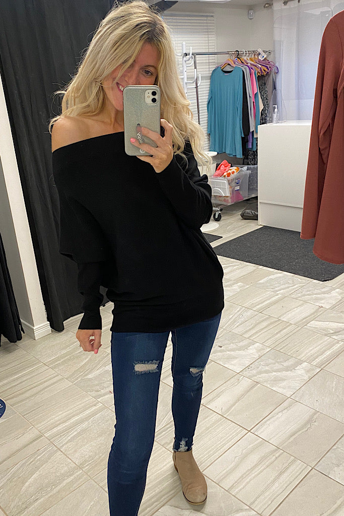 Black Luxe Ribbed Off The Shoulder Sweater