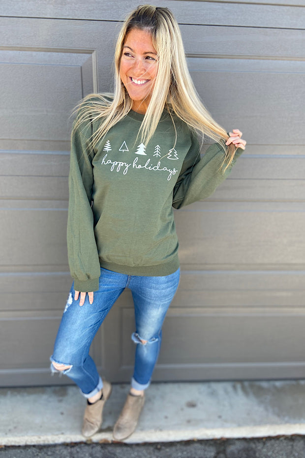 Happy Holidays Sweatshirt-Olive
