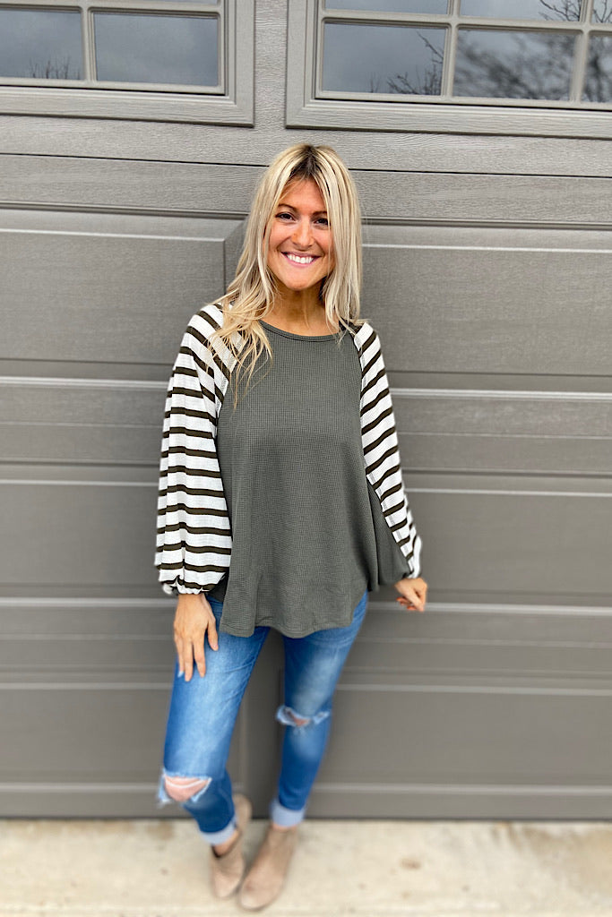 Sage Raglan Sleeve Waffle Top-Clearance