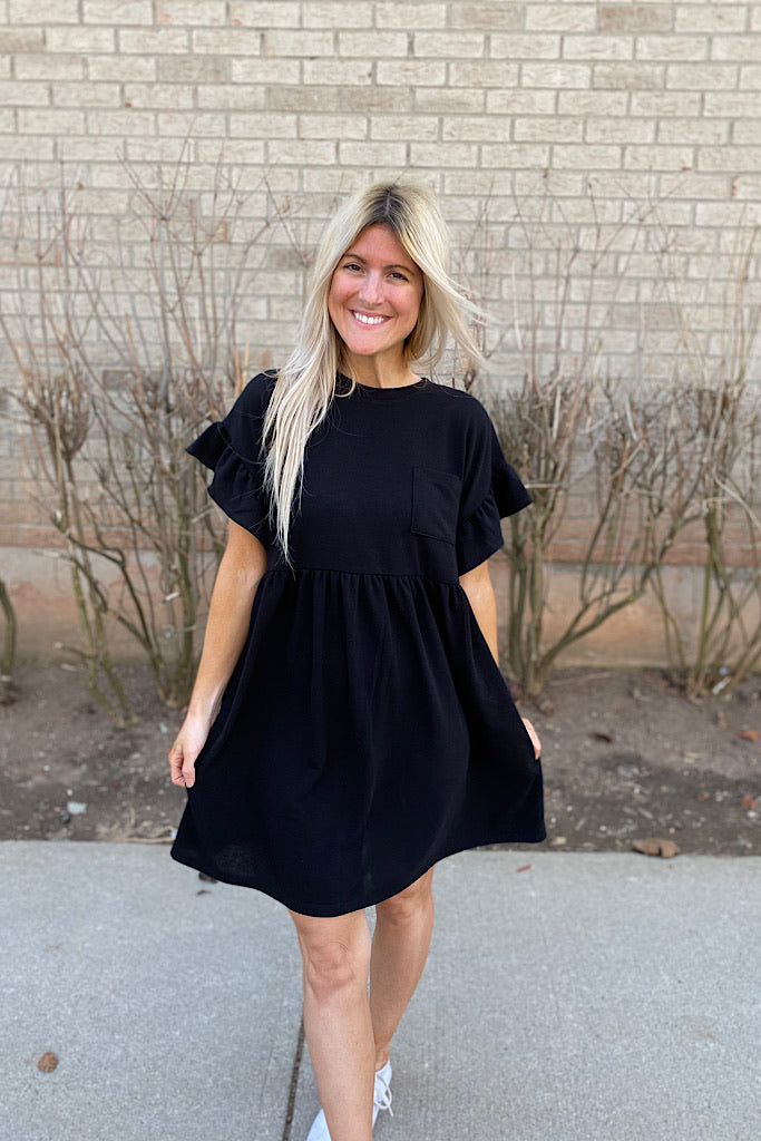 Adorable Peplum Ruffle Sleeves French Terry Knit Dress