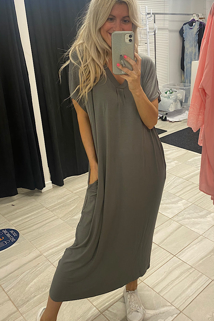 Olive Sunset V-Neck Midi Pockets Dress