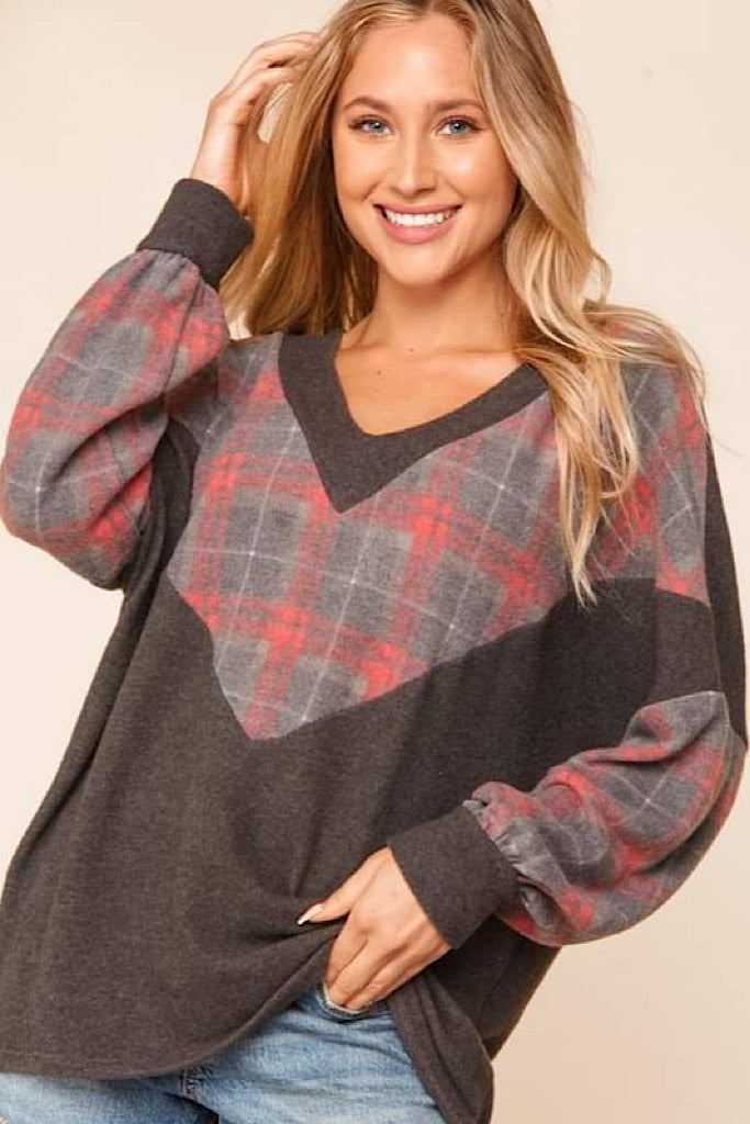 Work From Home Cozy Plaid Chevron Top