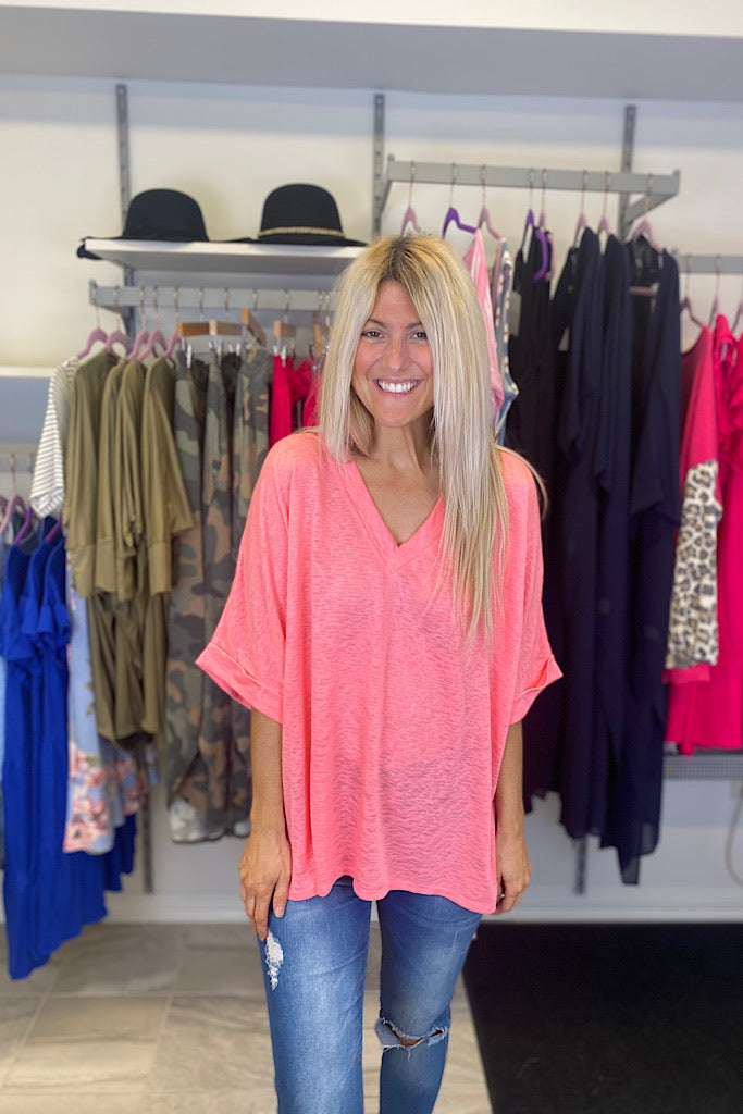 Neon Pink V Neck Cuffed Top