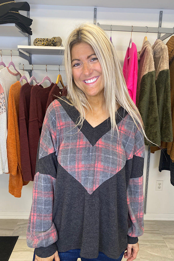 Work From Home Cozy Plaid Chevron Top