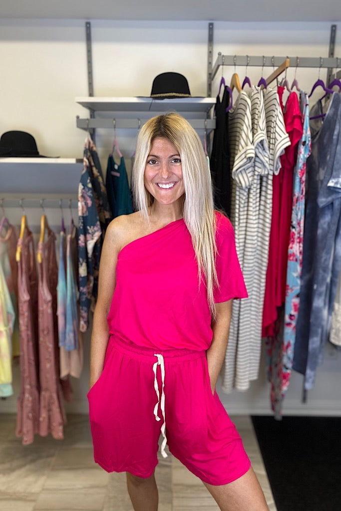 Fuchsia One Shoulder Drawstring Romper