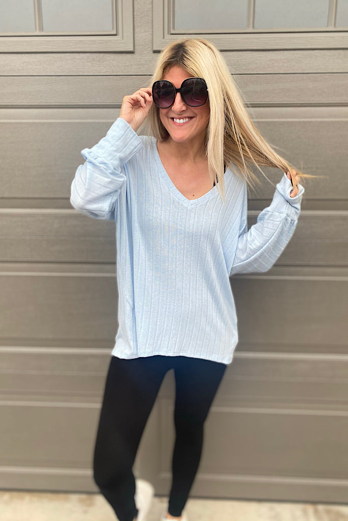 Powder Blue V Neck Ribbed Top