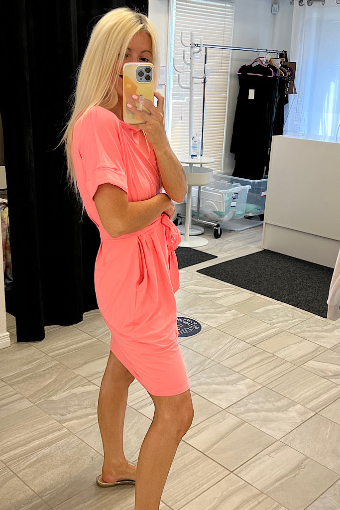 Neon Pink Belted Dress-SALE