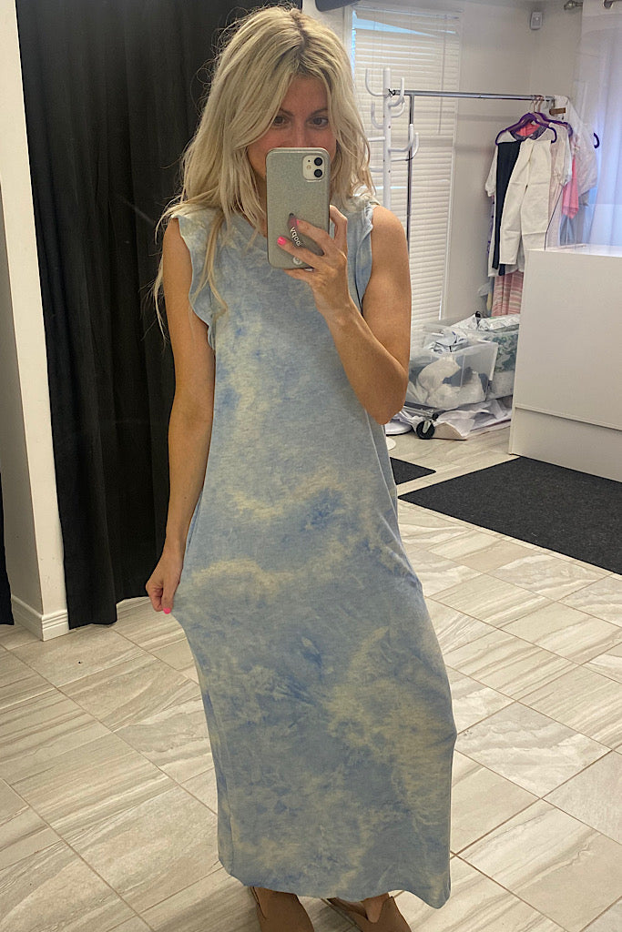 Sky Blue Tie Dye Ruffle Sleeveless Midi Dress