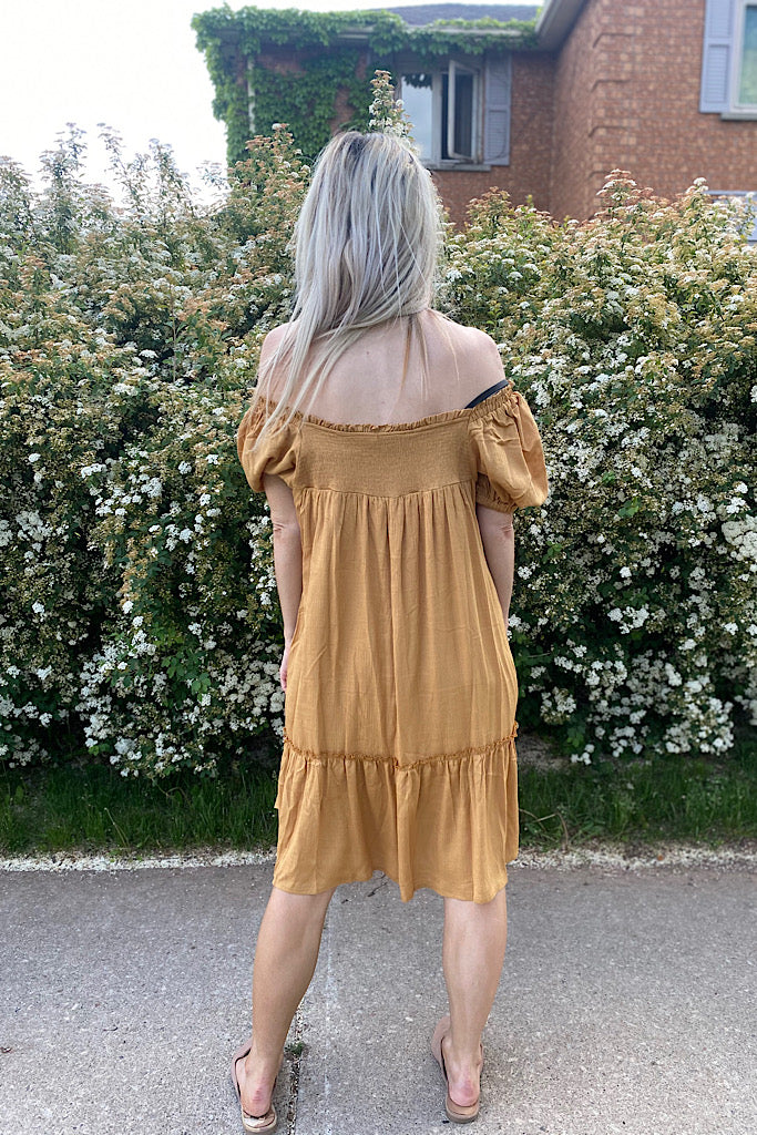 Elite Boho Earthen Gold Smocked Ruffle Dress-SALE