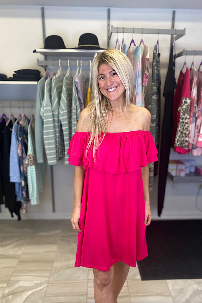 Fuchsia Ruffled Off the Shoulder Dress