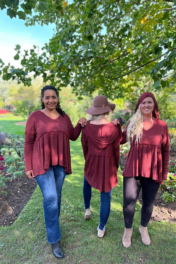 Burgundy Waffle Hooded Peplum Top-Weekend SALE