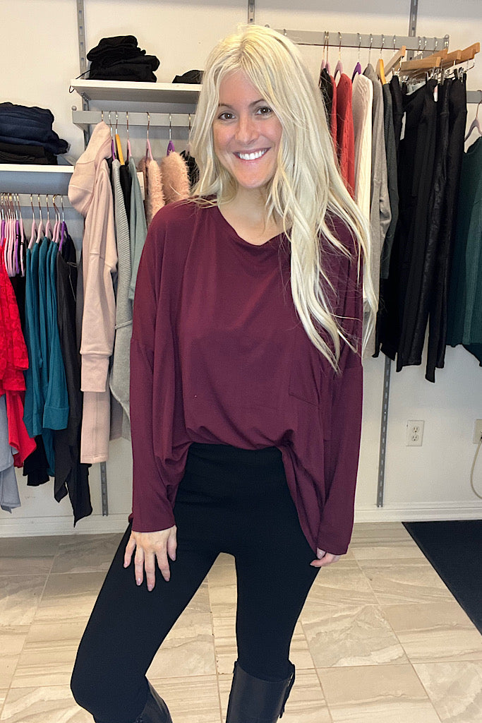 Cozy Boho Burgundy Pocket Top-SALE