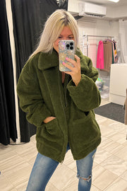 Tara Olive Oversized Shearling Jacket-SALE