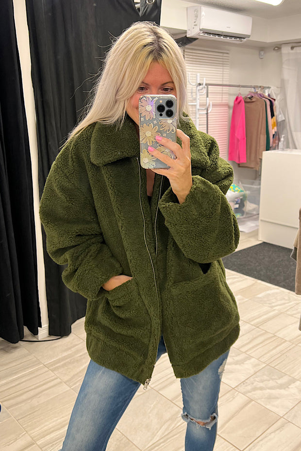 Tara Olive Oversized Shearling Jacket-SALE
