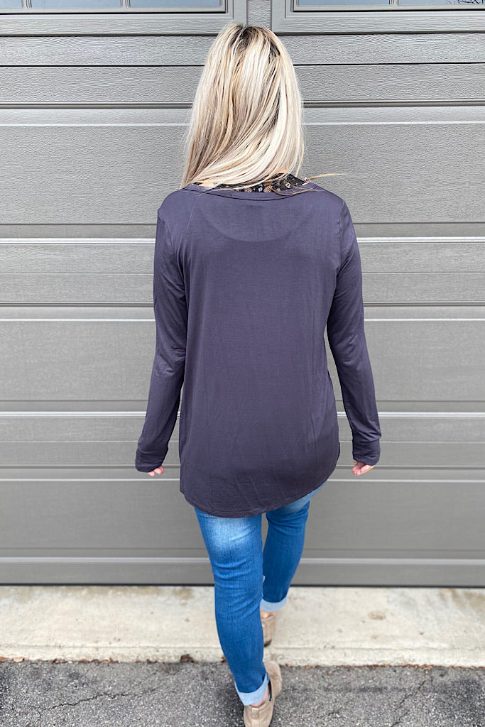 Classic Staple V Neck Long Sleeve Top-Coal Black