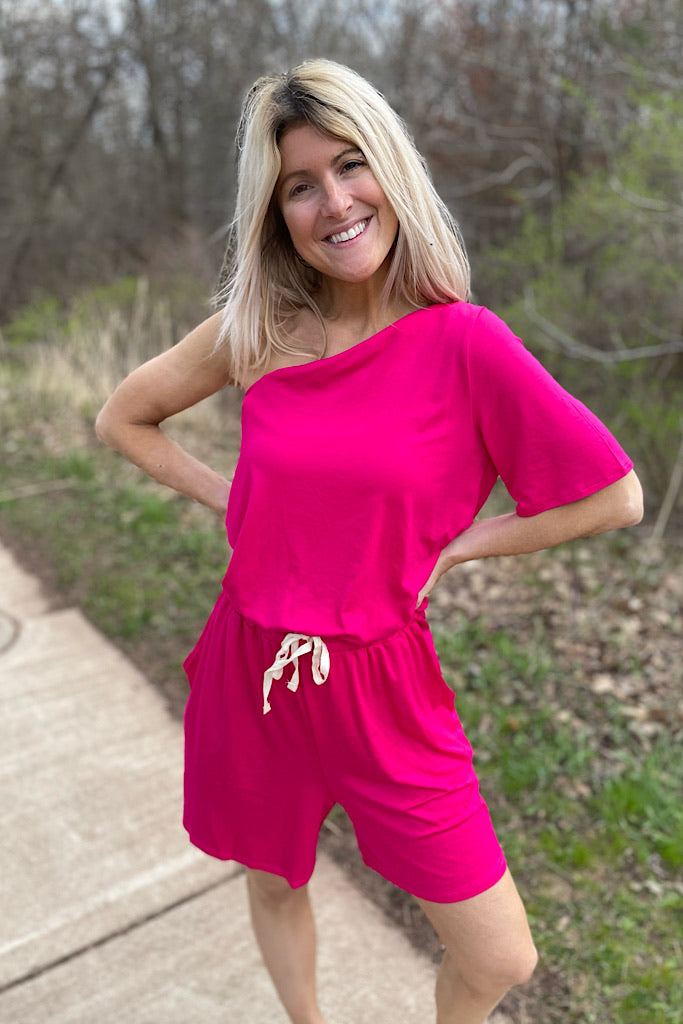 Fuchsia One Shoulder Drawstring Romper-Sale