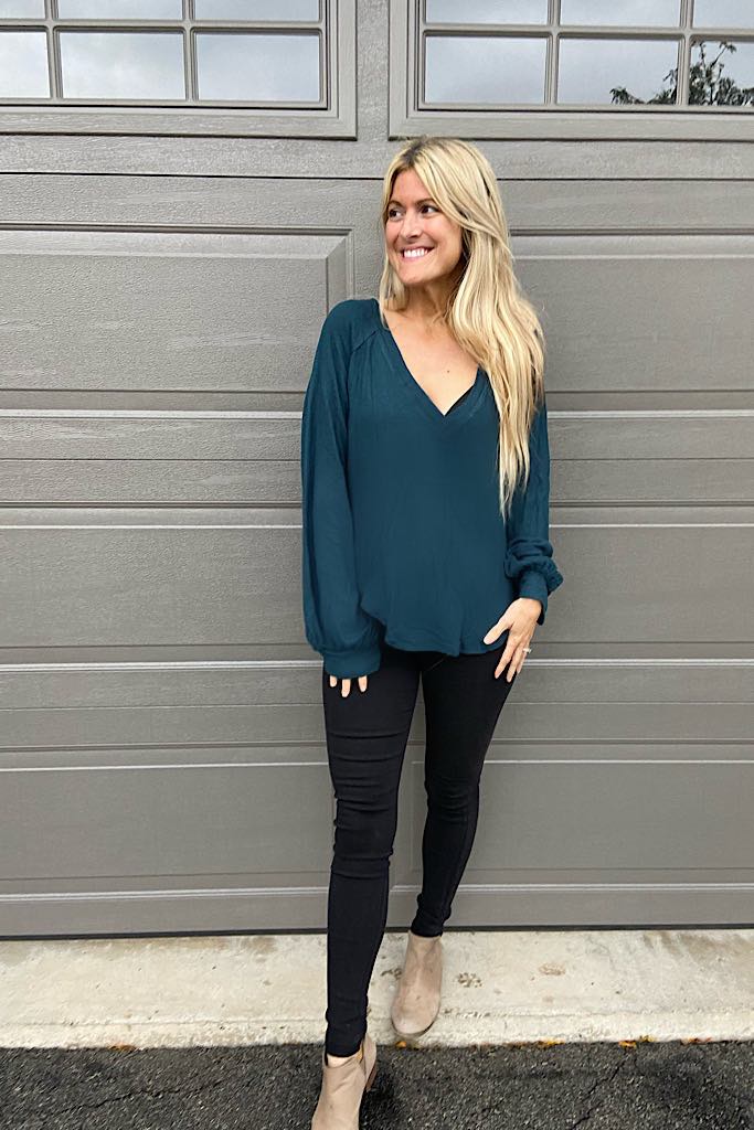 Elite Teal V Neck Hacci Knit Top